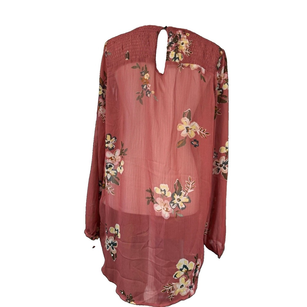 Liz Lange Maternity M Pink Floral Sheer Chiffon Tunic Blouse Smocked Tie